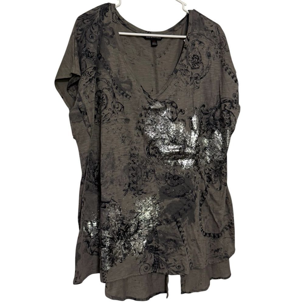 Rock & Republic Charcoal and Silver Floral Tunic 1X
